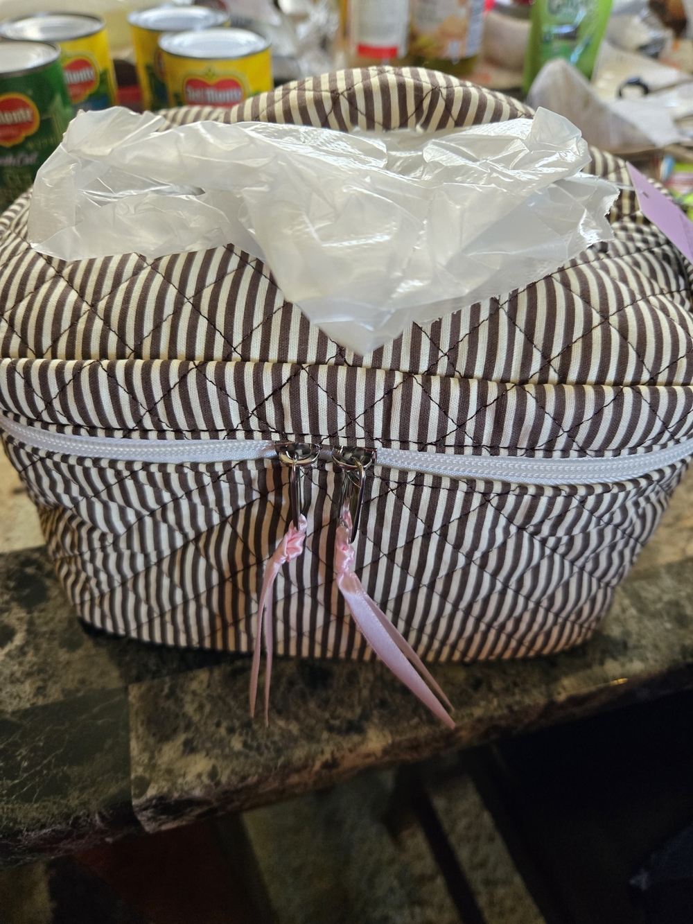Striped Quilted Cosmetic Train Case - Brown & White